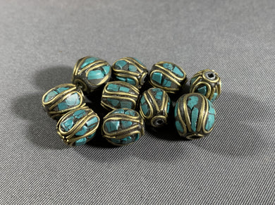 10 Tibetan Turquoise Inlay Beads Brass Metal Jewelry