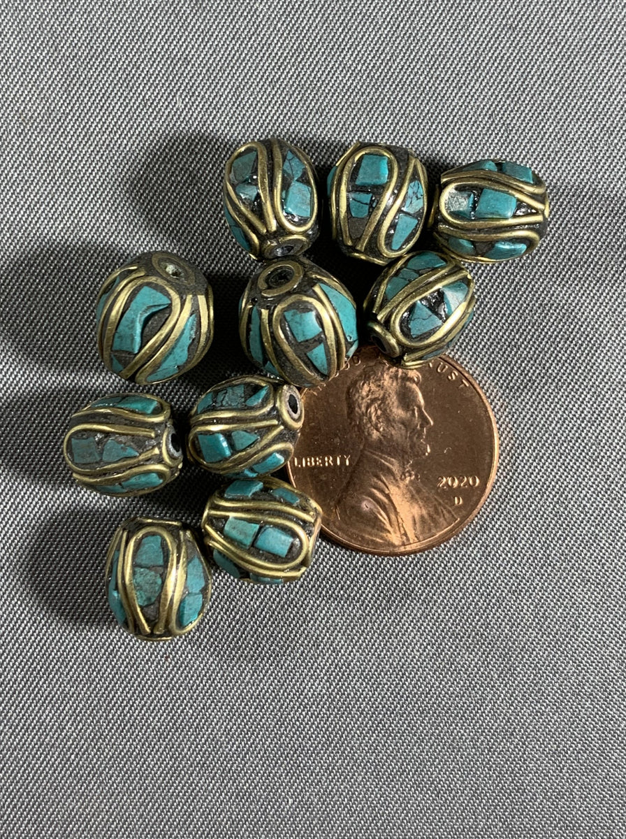 Tibetan Brass & Stone Decorative Rounds Beads - 6 Pieces – Bead