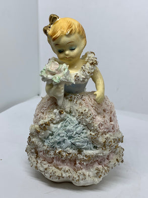 Porcelain Figurine Girl in Fluffy Pink Dress and Bouquet Lady