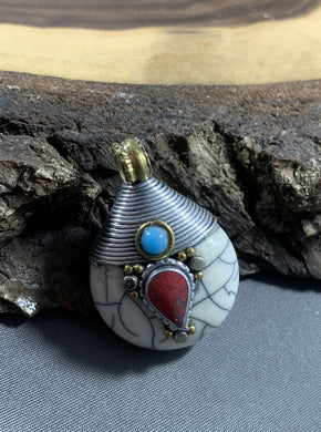 Tibetan White Copal Pendant Turquoise & Coral Silver Repousse Jewelry