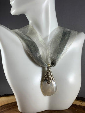 Tibetan Necklace Mother of Pearl Shell Pendant Silver Metal Repousse