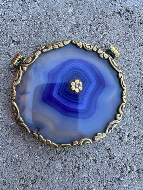 Tibetan Blue Agate Stone Pendant Metal Repousse 4 Inch