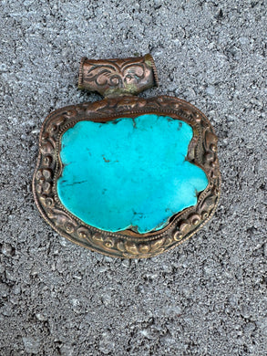 Tibetan Turquoise Stone Pendant Copper Metal Repousse