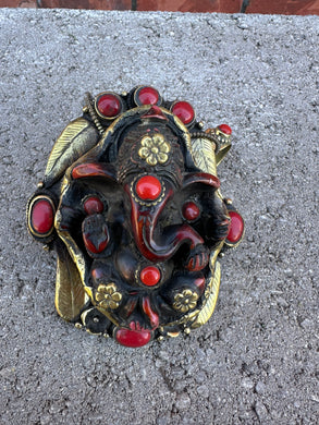 Tibetan Red Ganesha Ring Pendant Coral Accents Brass Repoussee