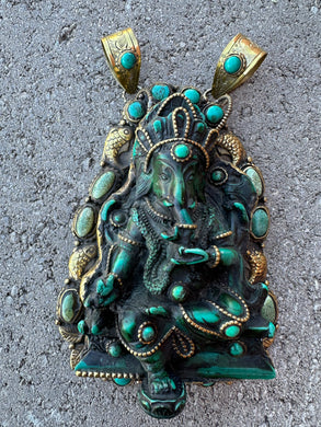 Tibetan Green Ganesha Pendant Turquoise Accents Brass Repoussee