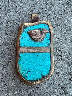 Tibetan Turquoise Stone Pendant Copper Metal Repousse