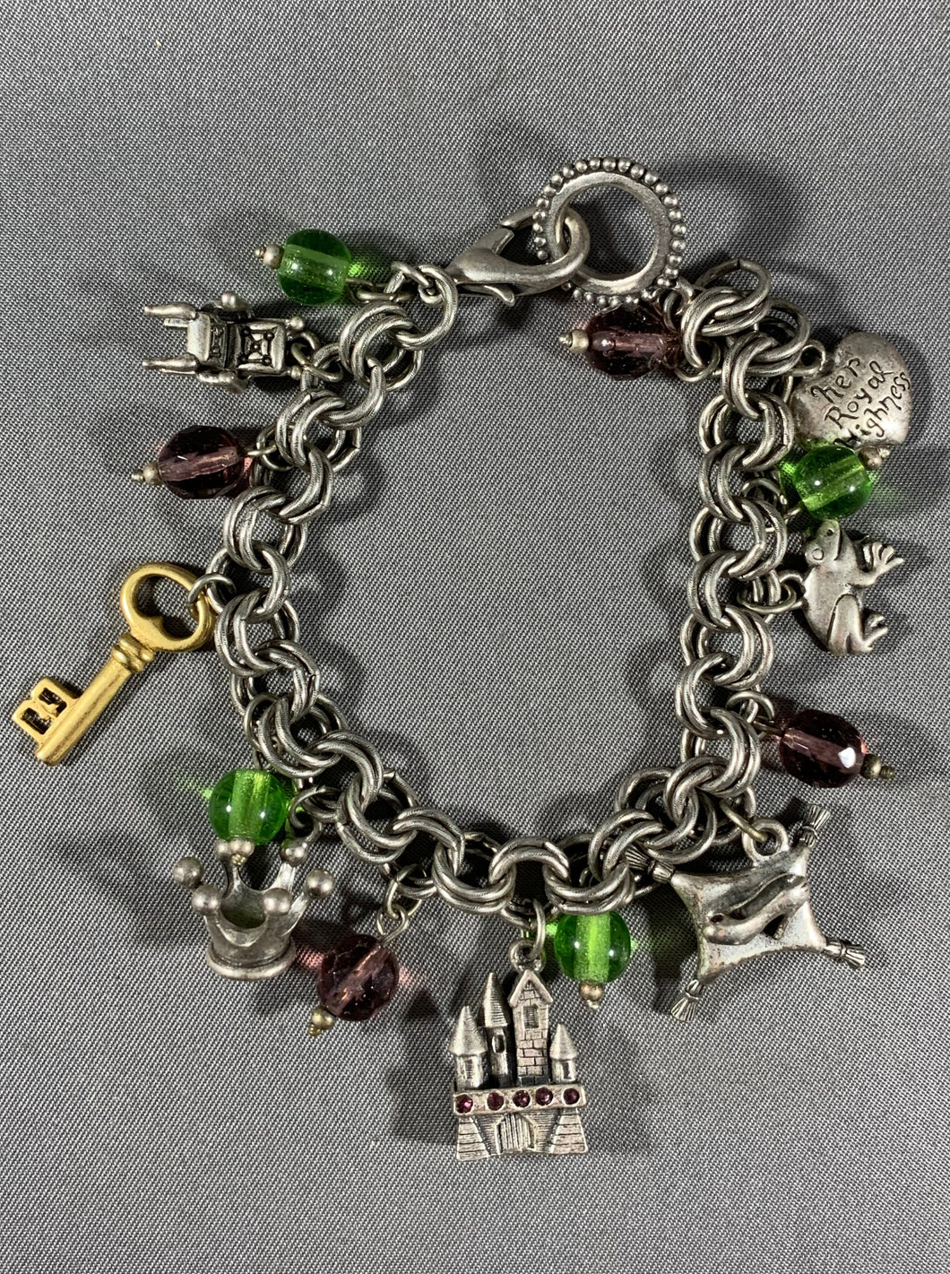 Vintage Silver Tone Chain Pewter Glass and Charms Fairytale Bracelet 8 Inch