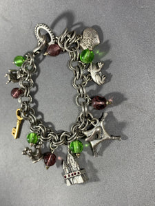 Vintage Silver Tone Chain Pewter Glass and Charms Fairytale Bracelet 8 Inch