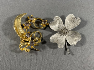 Silver and Gold Tone Flower Brooch Pin Vintage Rhinestone