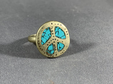 Tibetan Peace Ring Turquoise Inlay Metal Repousse Jewelry Size 6.5