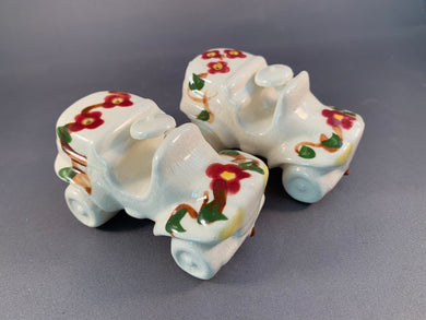 Floral Cars Porcelain Salt and Pepper Shakers Vintage Folk Art