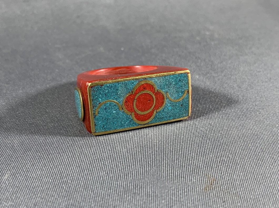 Tibetan Ring Red Copal Turquoise Coral Jewelry Size 9