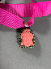 Load image into Gallery viewer, Tibetan Pink Buddha Head Pendant Silver Repousse Jewelry 25 Inch Ribbon