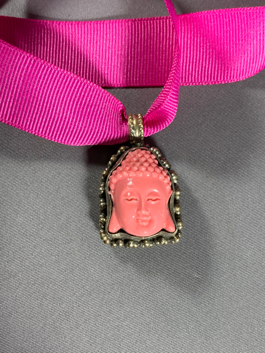 Tibetan Pink Buddha Head Pendant Silver Repousse Jewelry 25 Inch Ribbon