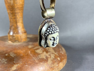 Tibetan White Buddha Pendant Silver Repousse Jewelry Ribbon