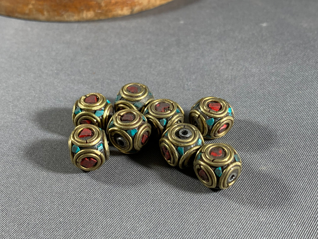 8 Tibetan Turquoise & Coral Inlay Beads Brass Metal Jewelry