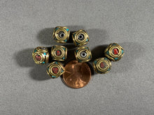 Load image into Gallery viewer, 8 Tibetan Turquoise &amp; Coral Inlay Beads Brass Metal Jewelry