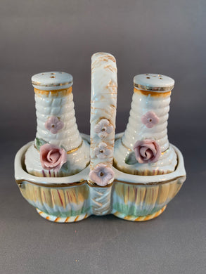 Floral Porcelain Salt and Pepper Shakers Basket Holder Vintage Japan Gold Trim