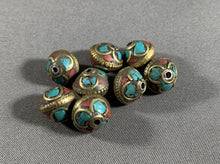 Load image into Gallery viewer, 8 Tibetan Turquoise &amp; Red Coral Inlay Beads Metal Jewelry