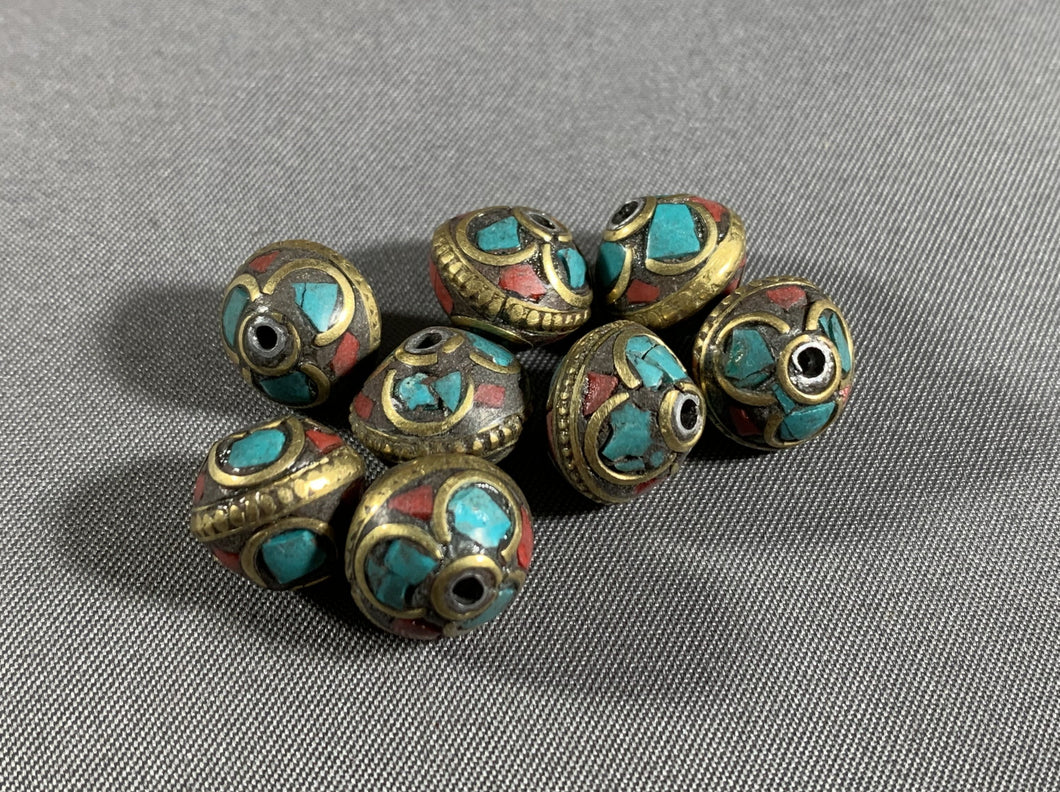 8 Tibetan Turquoise & Red Coral Inlay Beads Metal Jewelry