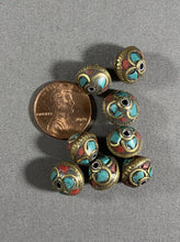 Load image into Gallery viewer, 8 Tibetan Turquoise &amp; Red Coral Inlay Beads Metal Jewelry