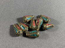 Load image into Gallery viewer, 8 Tibetan Cone Shape Turquoise &amp; Red Coral Inlay Beads Metal Jewelry