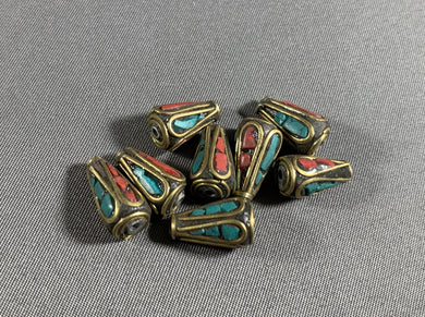 8 Tibetan Cone Shape Turquoise & Red Coral Inlay Beads Metal Jewelry