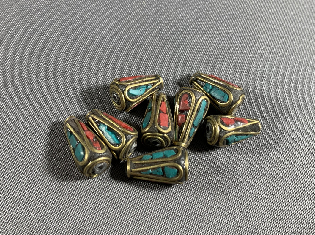 8 Tibetan Cone Shape Turquoise & Red Coral Inlay Beads Metal Jewelry