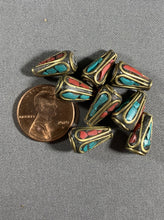 Load image into Gallery viewer, 8 Tibetan Cone Shape Turquoise &amp; Red Coral Inlay Beads Metal Jewelry