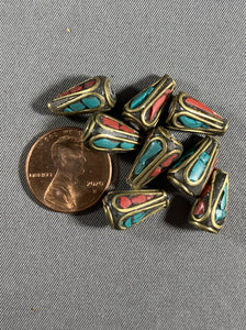 8 Tibetan Cone Shape Turquoise & Red Coral Inlay Beads Metal Jewelry