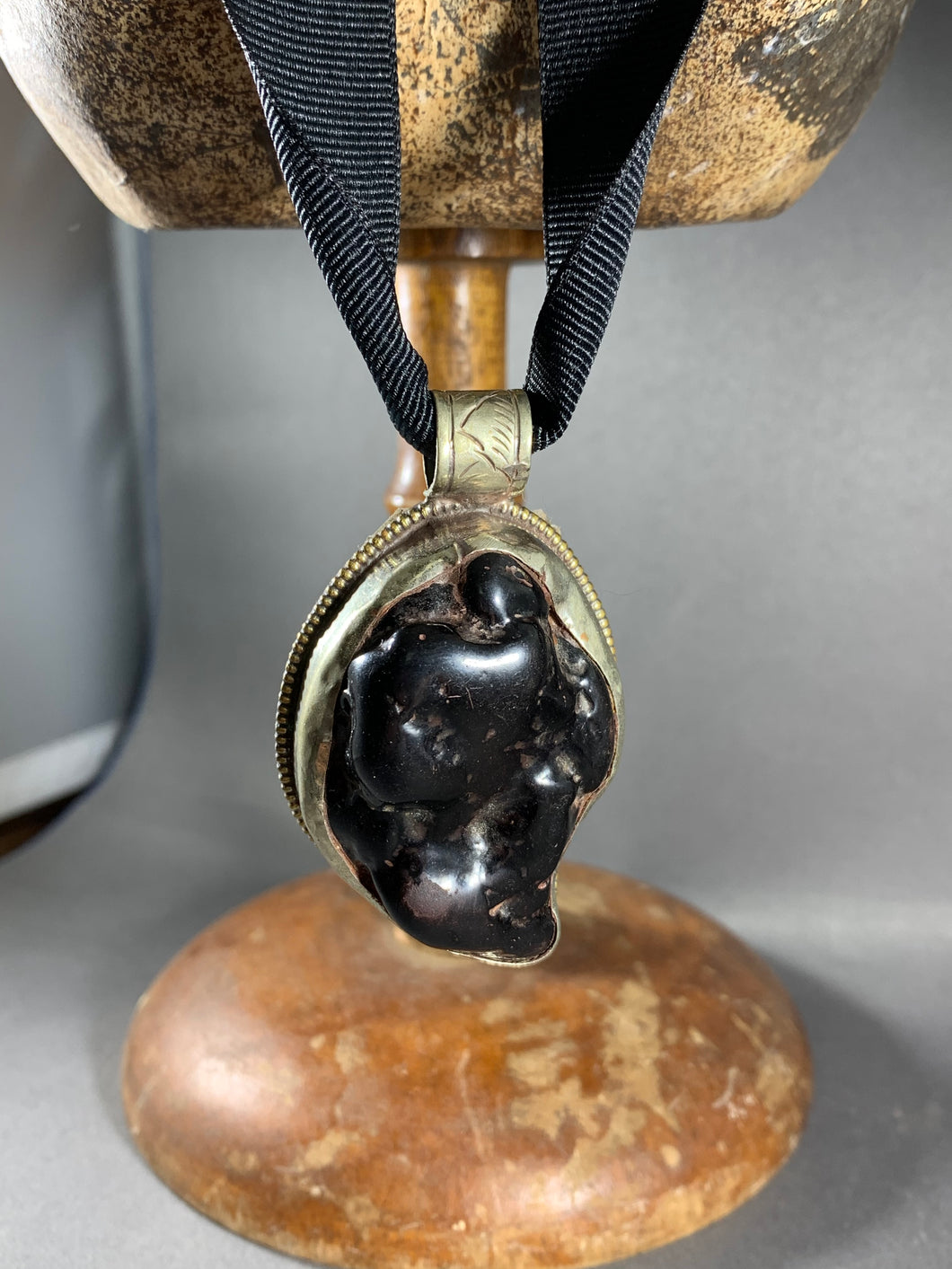 Tibetan Pendant Black Copal Globular Silver Repousse Jewelry