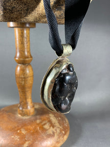 Tibetan Pendant Black Copal Globular Silver Repousse Jewelry