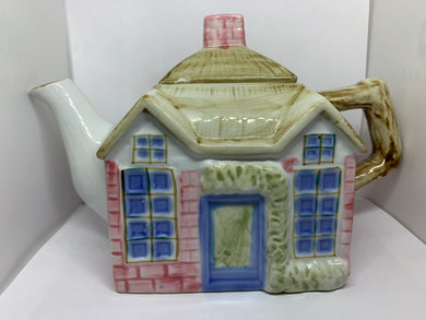 Vintage Ceramic Cottage Tea Pot Kettle Pottery Porcelain Pink House