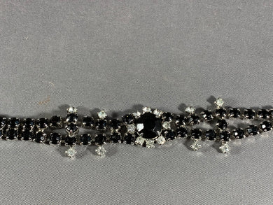 Bracelet Silver and Black Rhinestone Glass 6.5 Inch