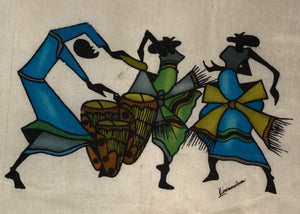 Kenya Batik Dancing with Drummers African Textile Art White