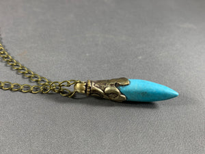 Tibetan Necklace Turquoise Tusk Pendant Silver Metal Repousse 22 Inch