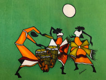 Load image into Gallery viewer, Kenya Batik Dancing with Drummer African Textile Art Green 14x17 Inch