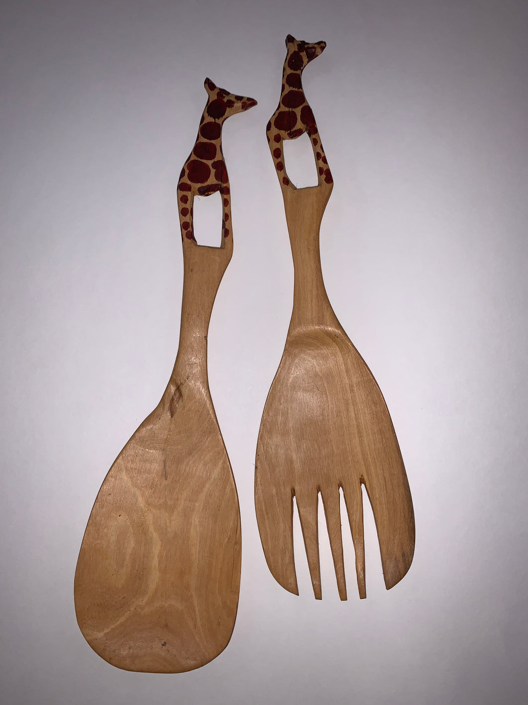 African Salad Spoon Set Hand Carved Wood Giraffe's 11 Inch
