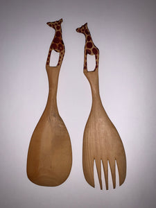 African Salad Spoon Set Hand Carved Wood Giraffe's 11 Inch