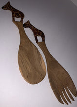 Load image into Gallery viewer, African Salad Spoon Set Hand Carved Wood Giraffe&#39;s 8 Inch