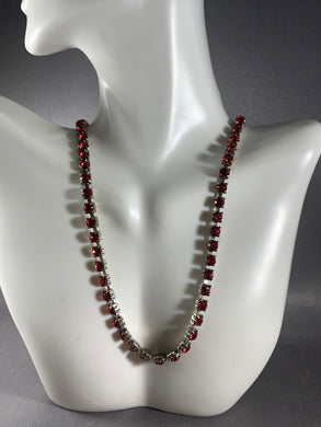 Necklace Silver & Red Rhinestone Glass 15 Inch