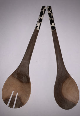 African Salad Spoon Set Hand Carved Wood Batik Bovine Bone Handles