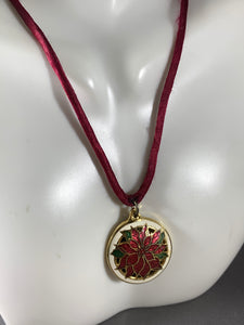 Vintage HMK Cloisonne Enamel 2-Sided Poinsettia Flower Pendant Necklace