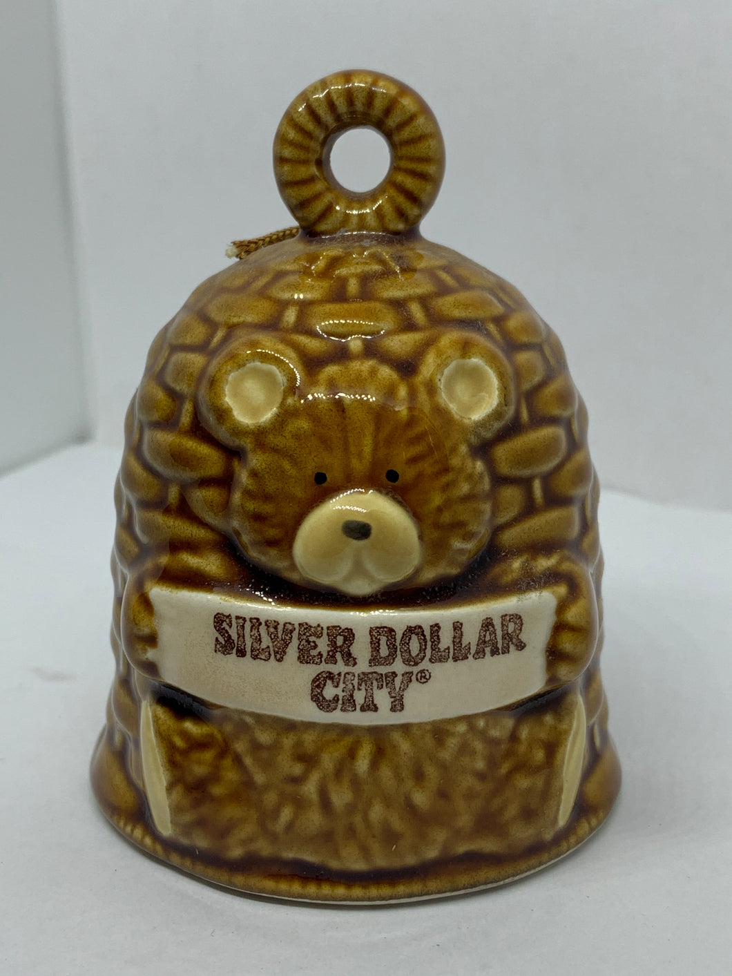 Vintage Ceramic Silver Dollar City Bear Basket Porcelain Bell