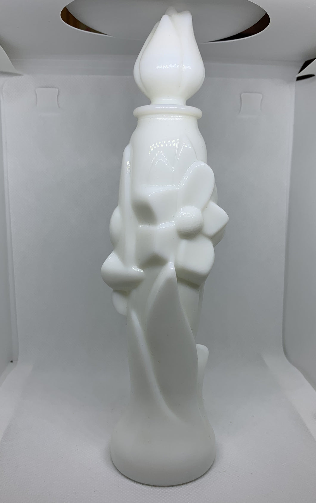 Vintage Avon Milk Glass Floral Bud Vase Lemon Velvet Bath Foam Decanter Bottle