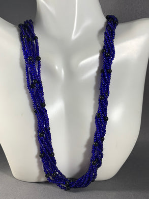 Vintage Necklace 6-Strand Blue and Black Color Beads 16 Inch