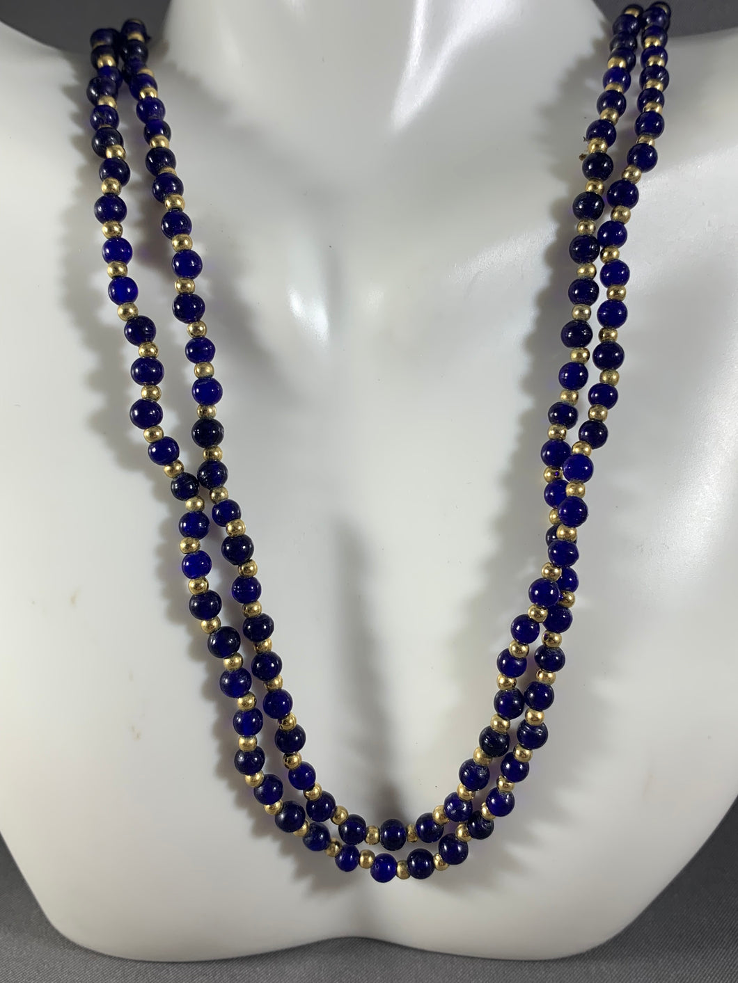 Vintage Necklace Cobalt Blue Glass and Gold Tone Beads 32 Inch