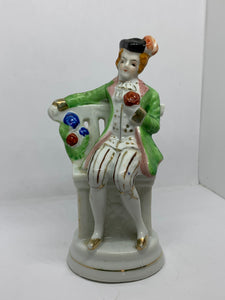 Porcelain Figurine Gentleman Seated Flowers Green Coat Occupied Japan