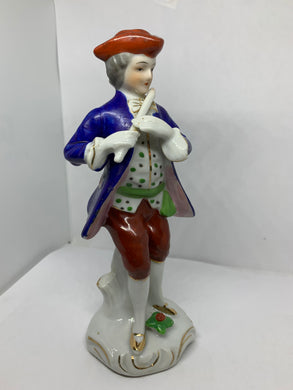 Porcelain Figurine Colonial Gentleman Playing Flute Blue Coat Occupied Japan