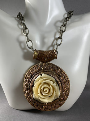 Tibetan Necklace White Rose Pendant Copper Metal Repousse Jewelry 15 Inch